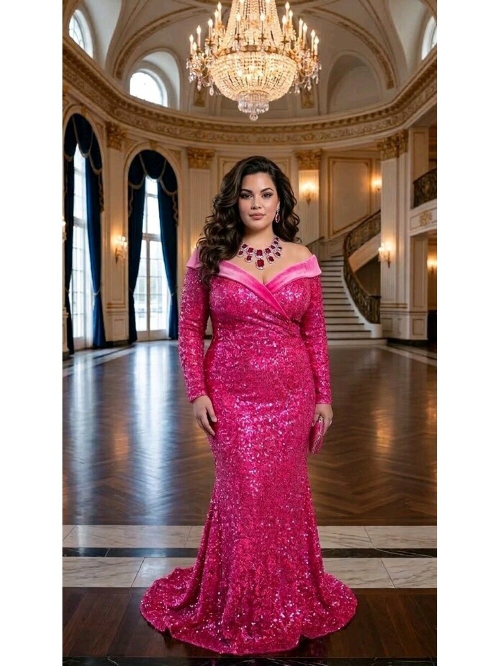 Stunning Fuchsia Hot Pink Sequin Off Shoulder Long Sleeve Mermaid Formal Gown 4X